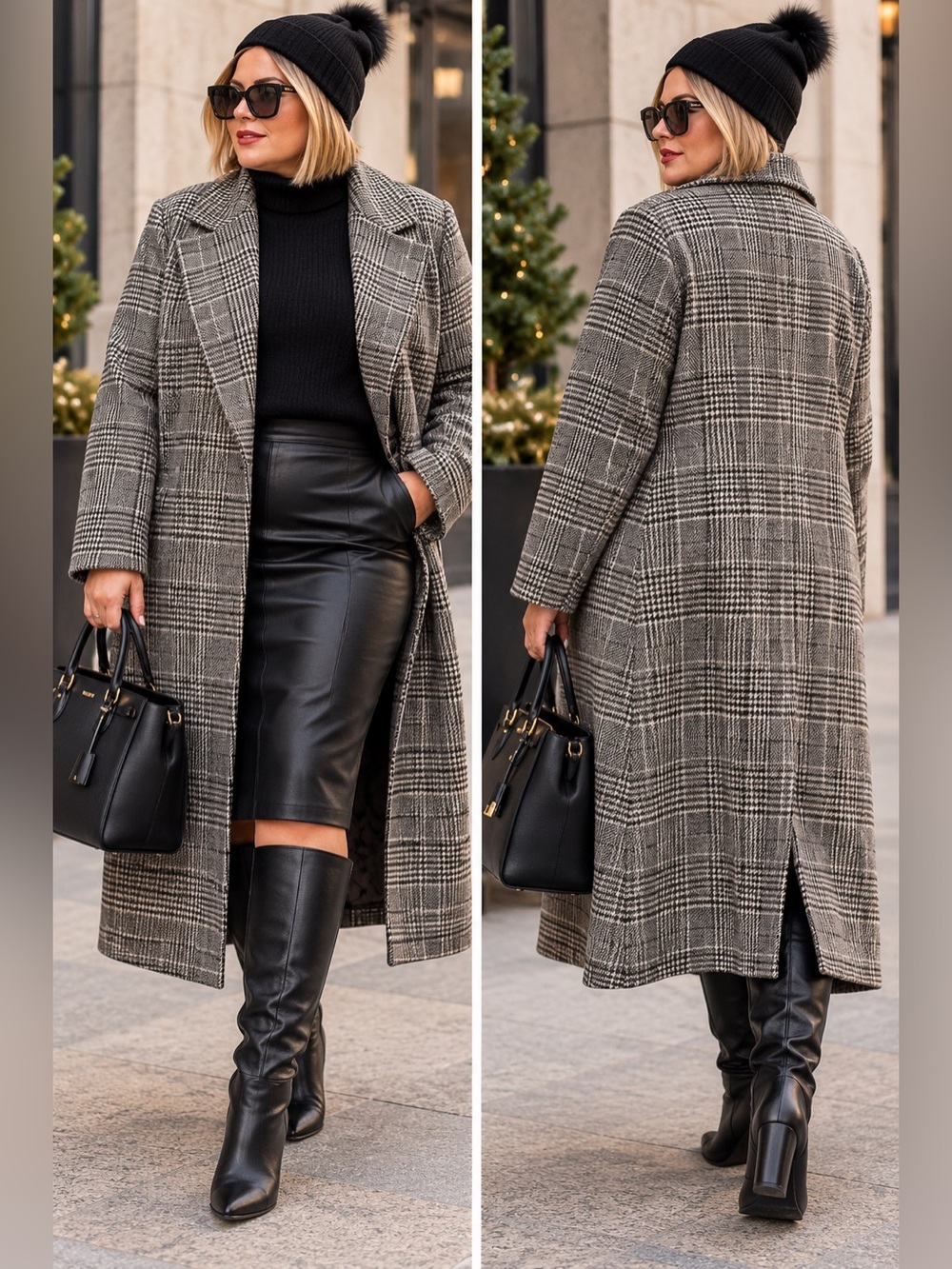Ellos Black & White Houndstooth Plaid Wool-Blend Mid-Length Overcoat
